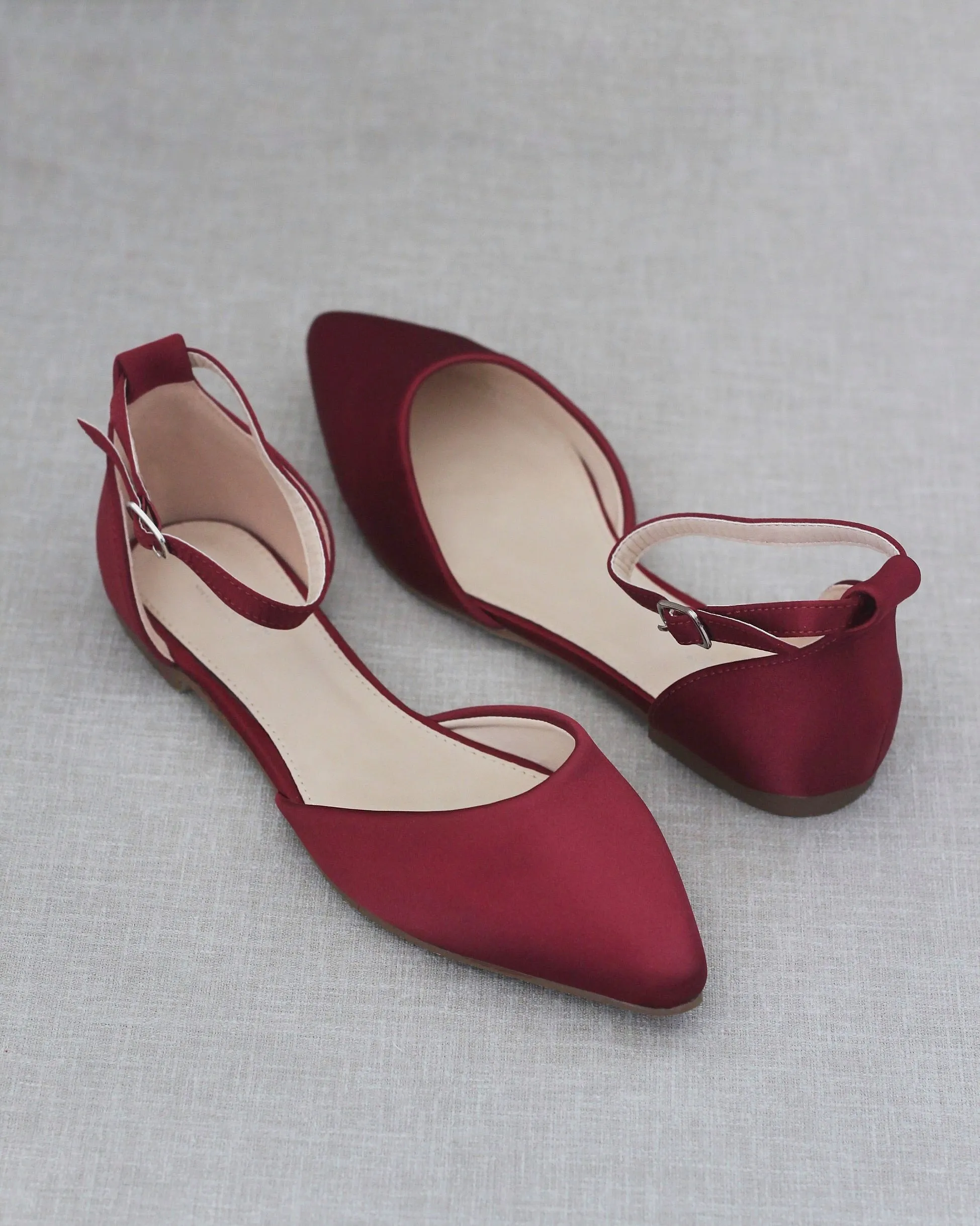 Burgundy Satin Pointy Toe Flats with Ankle Strap