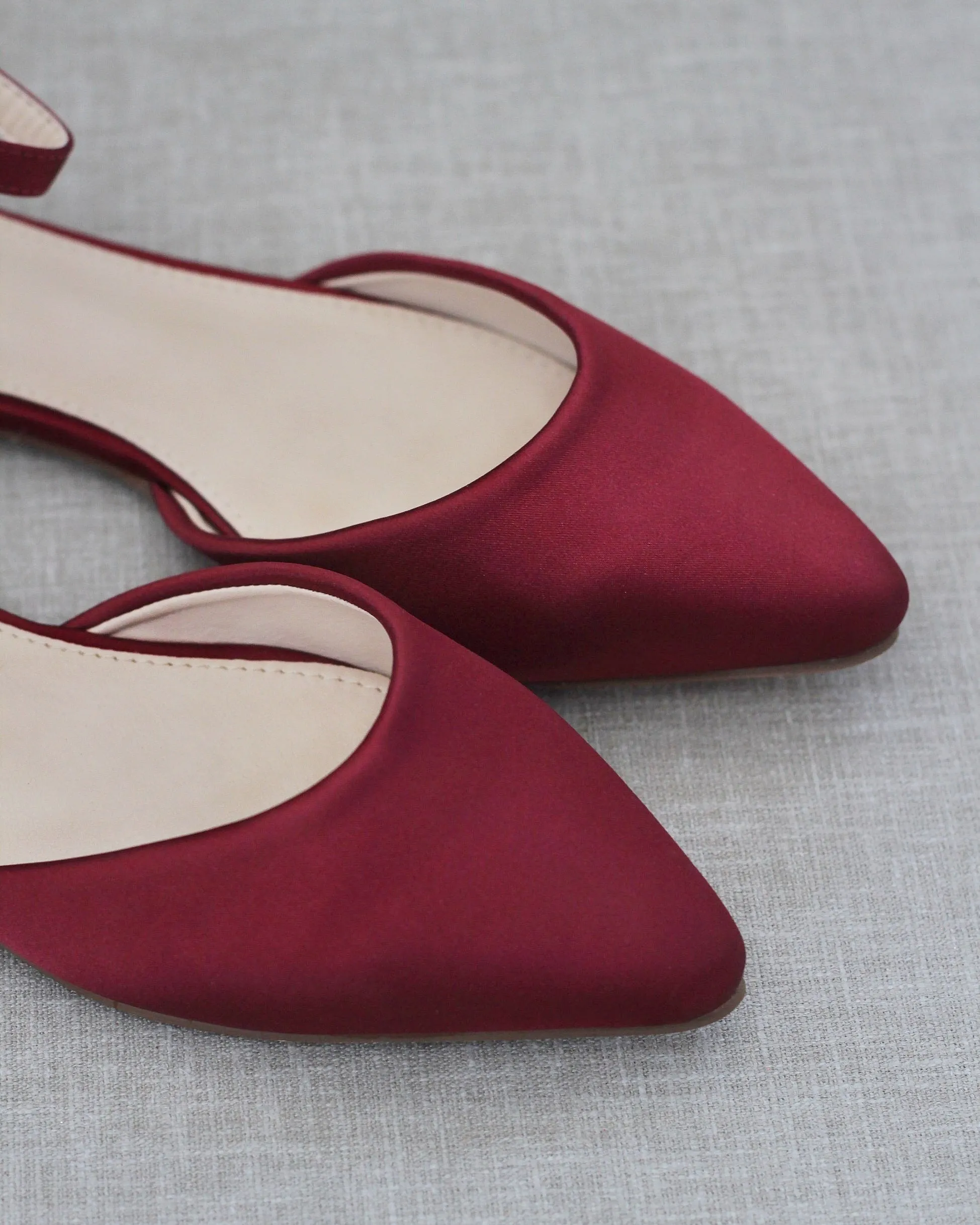 Burgundy Satin Pointy Toe Flats with Ankle Strap