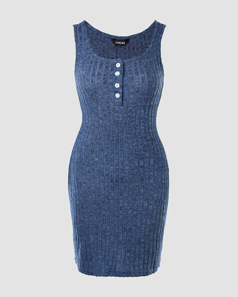 Buttoned Pocket Design Ribbed Bodycon Dress