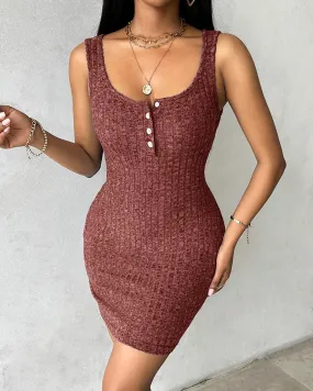 Buttoned Pocket Design Ribbed Bodycon Dress