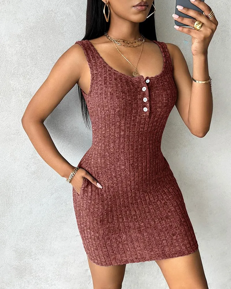 Buttoned Pocket Design Ribbed Bodycon Dress