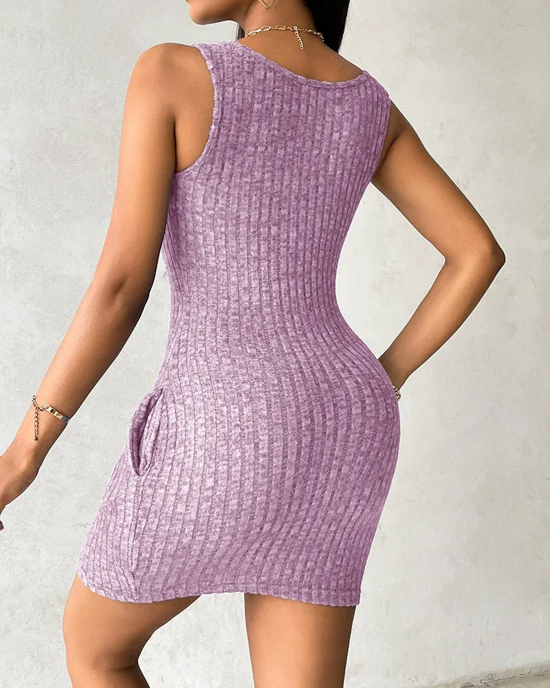 Buttoned Pocket Design Ribbed Bodycon Dress