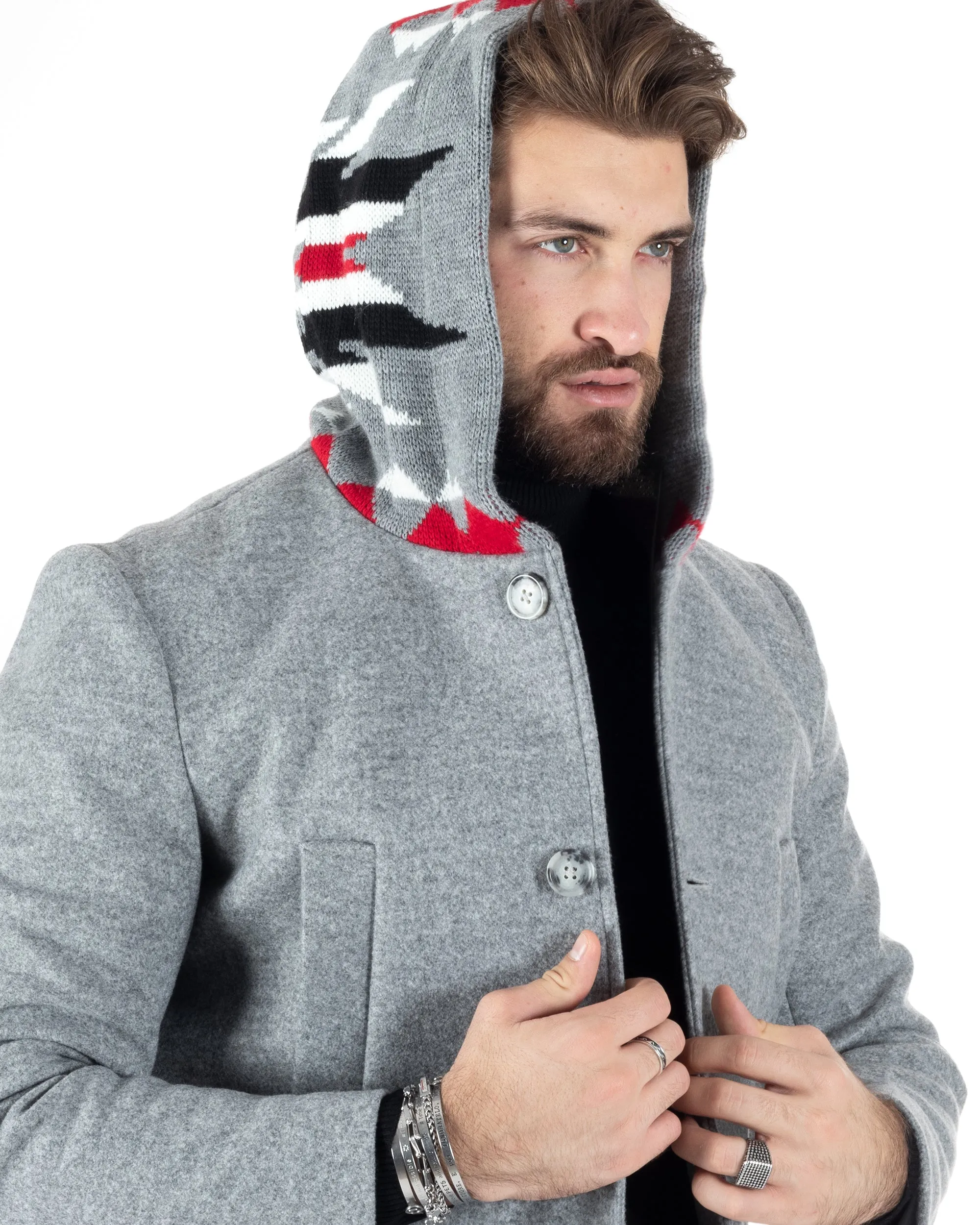 Cappotto Monopetto Uomo Giacca Giaccone Con Cappuccio In Lana Grigio Chiaro Baronetto Elegante GIOSAL-CO1029A