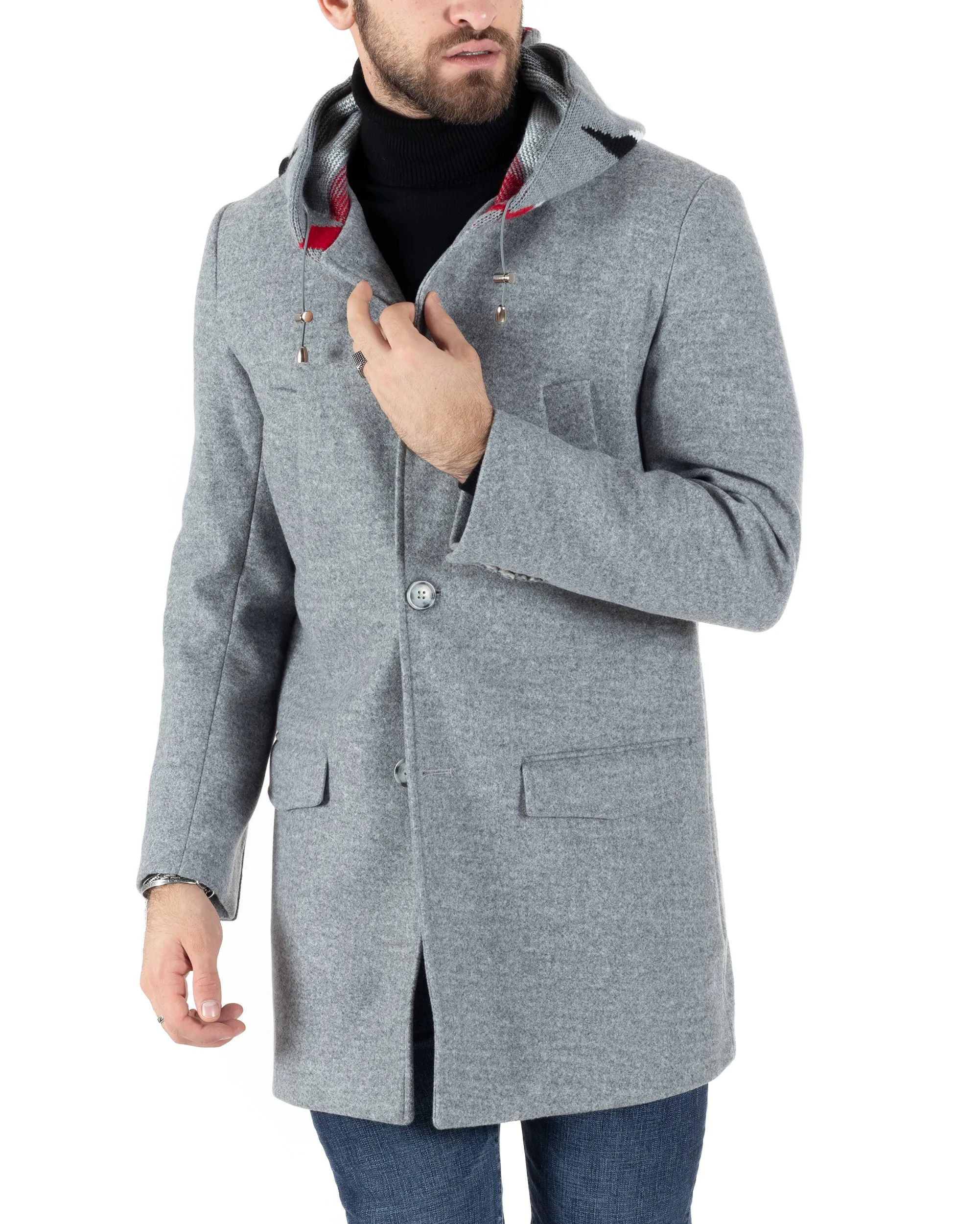 Cappotto Monopetto Uomo Giacca Giaccone Con Cappuccio In Lana Grigio Chiaro Baronetto Elegante GIOSAL-CO1029A