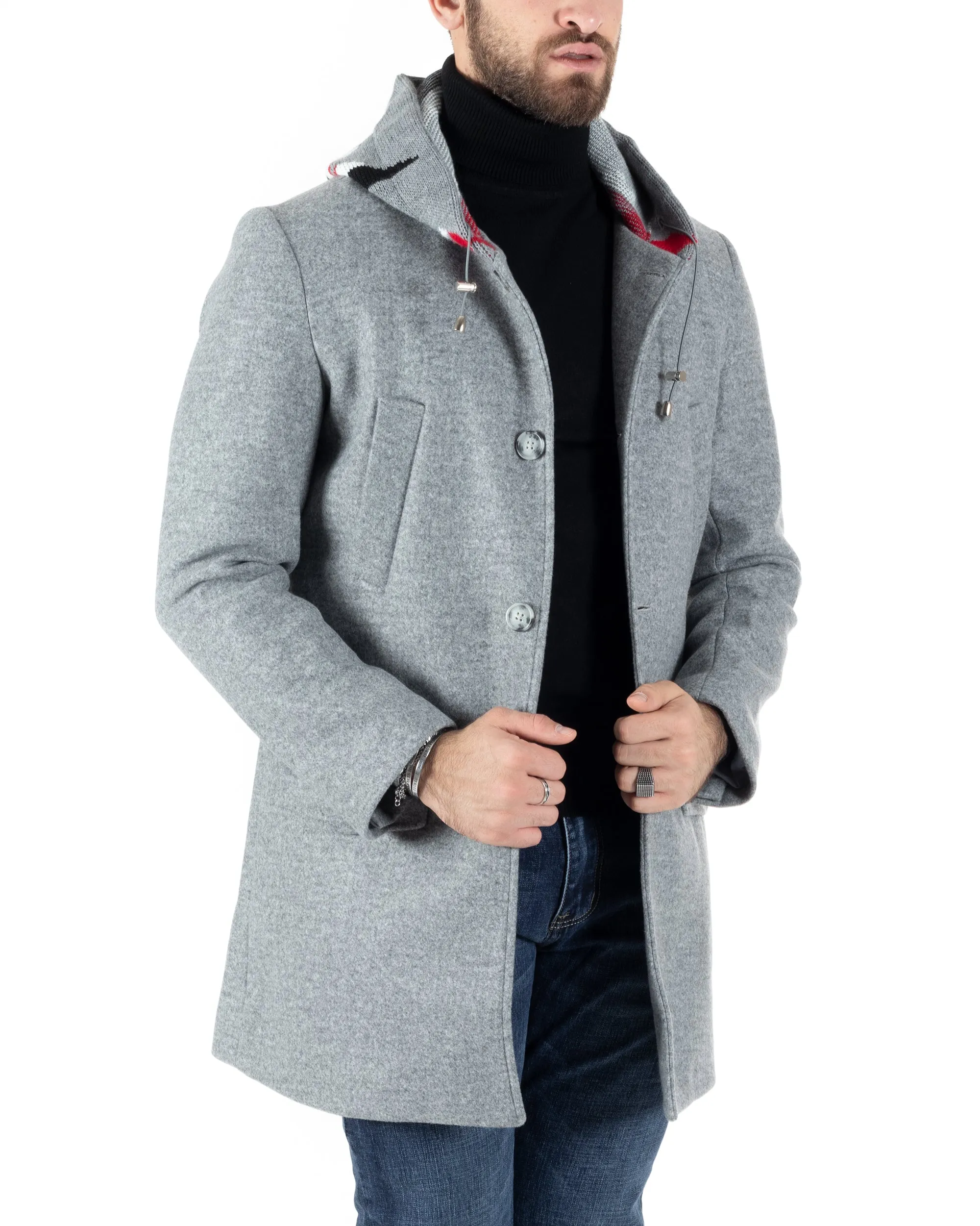 Cappotto Monopetto Uomo Giacca Giaccone Con Cappuccio In Lana Grigio Chiaro Baronetto Elegante GIOSAL-CO1029A