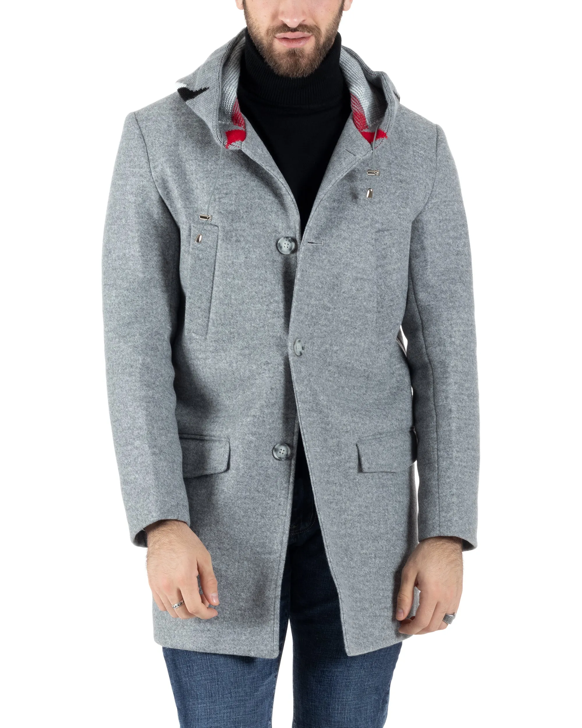 Cappotto Monopetto Uomo Giacca Giaccone Con Cappuccio In Lana Grigio Chiaro Baronetto Elegante GIOSAL-CO1029A