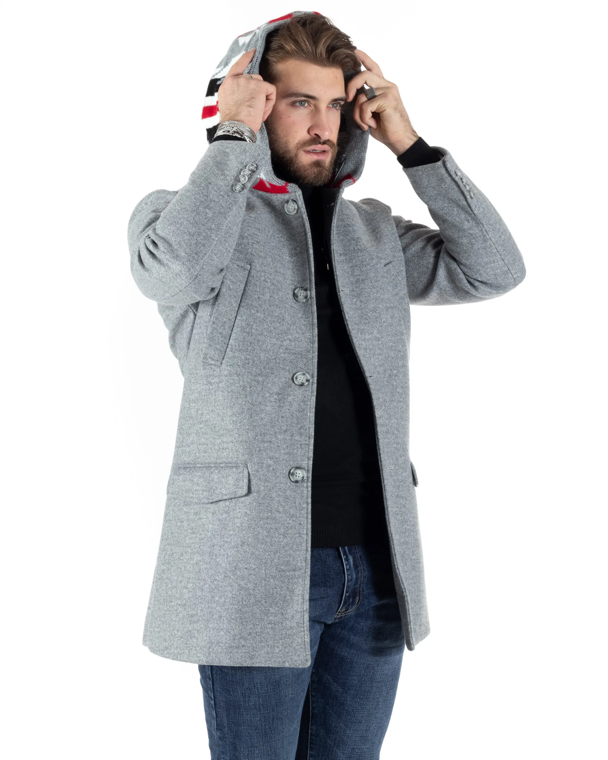 Cappotto Monopetto Uomo Giacca Giaccone Con Cappuccio In Lana Grigio Chiaro Baronetto Elegante GIOSAL-CO1029A