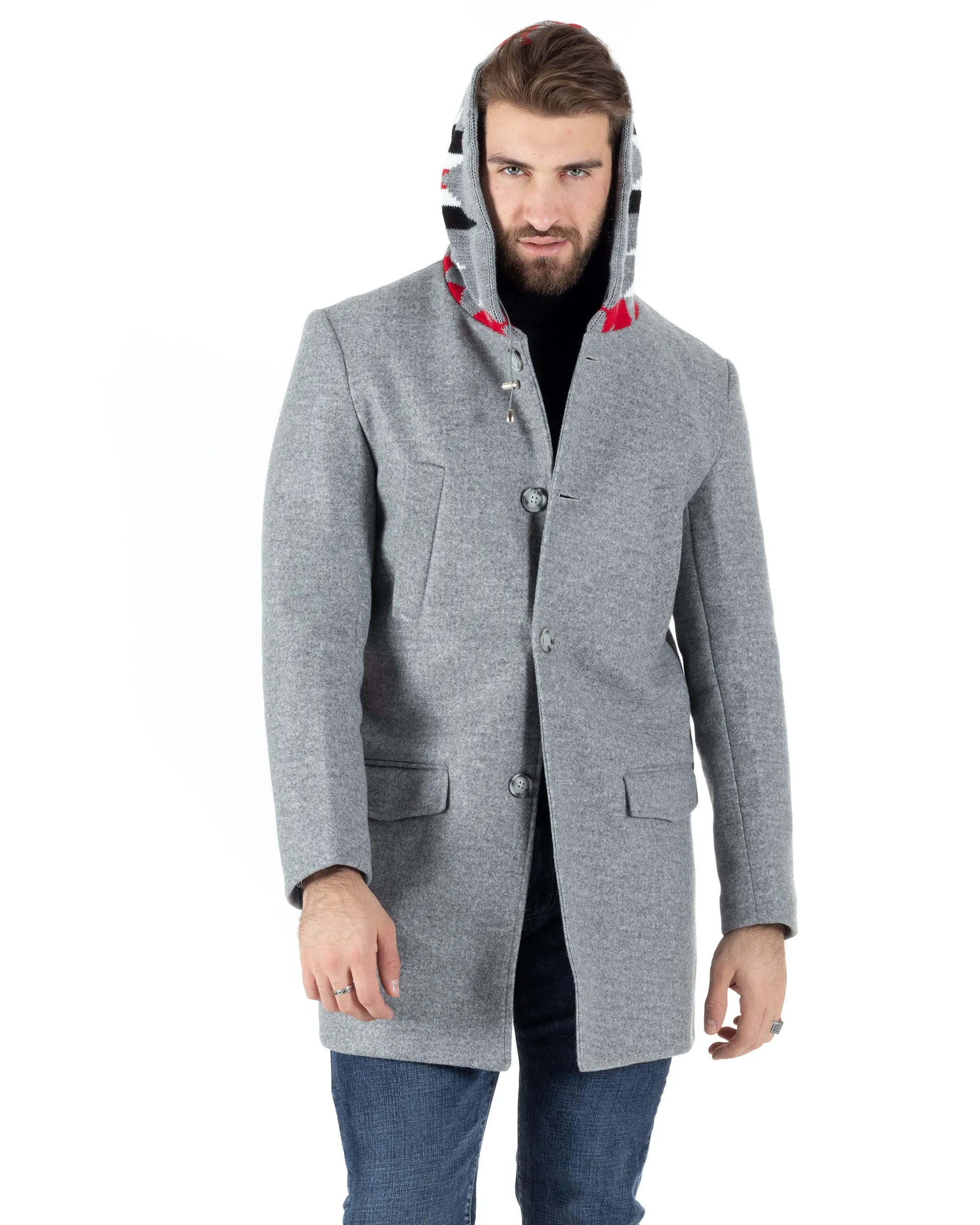 Cappotto Monopetto Uomo Giacca Giaccone Con Cappuccio In Lana Grigio Chiaro Baronetto Elegante GIOSAL-CO1029A