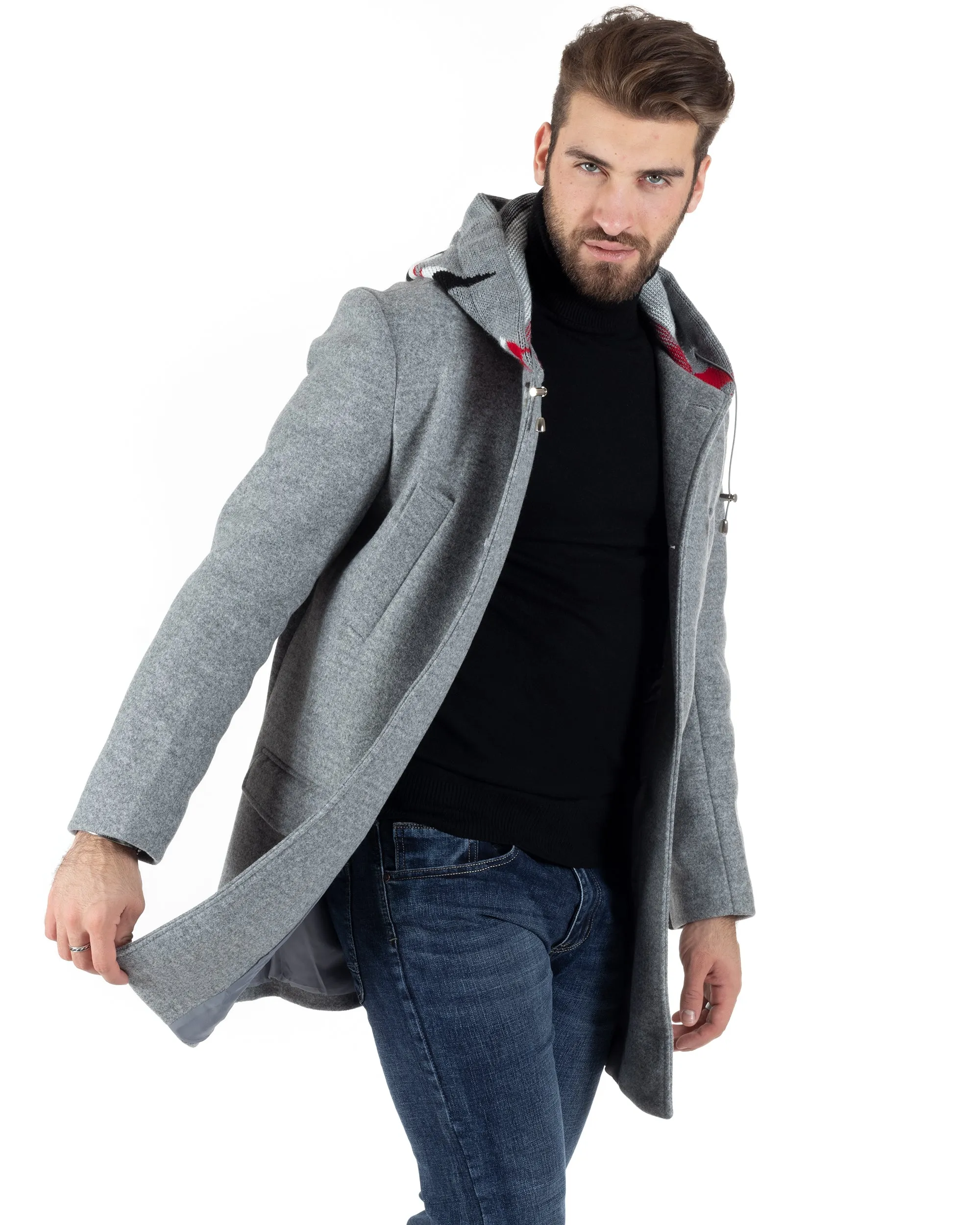 Cappotto Monopetto Uomo Giacca Giaccone Con Cappuccio In Lana Grigio Chiaro Baronetto Elegante GIOSAL-CO1029A