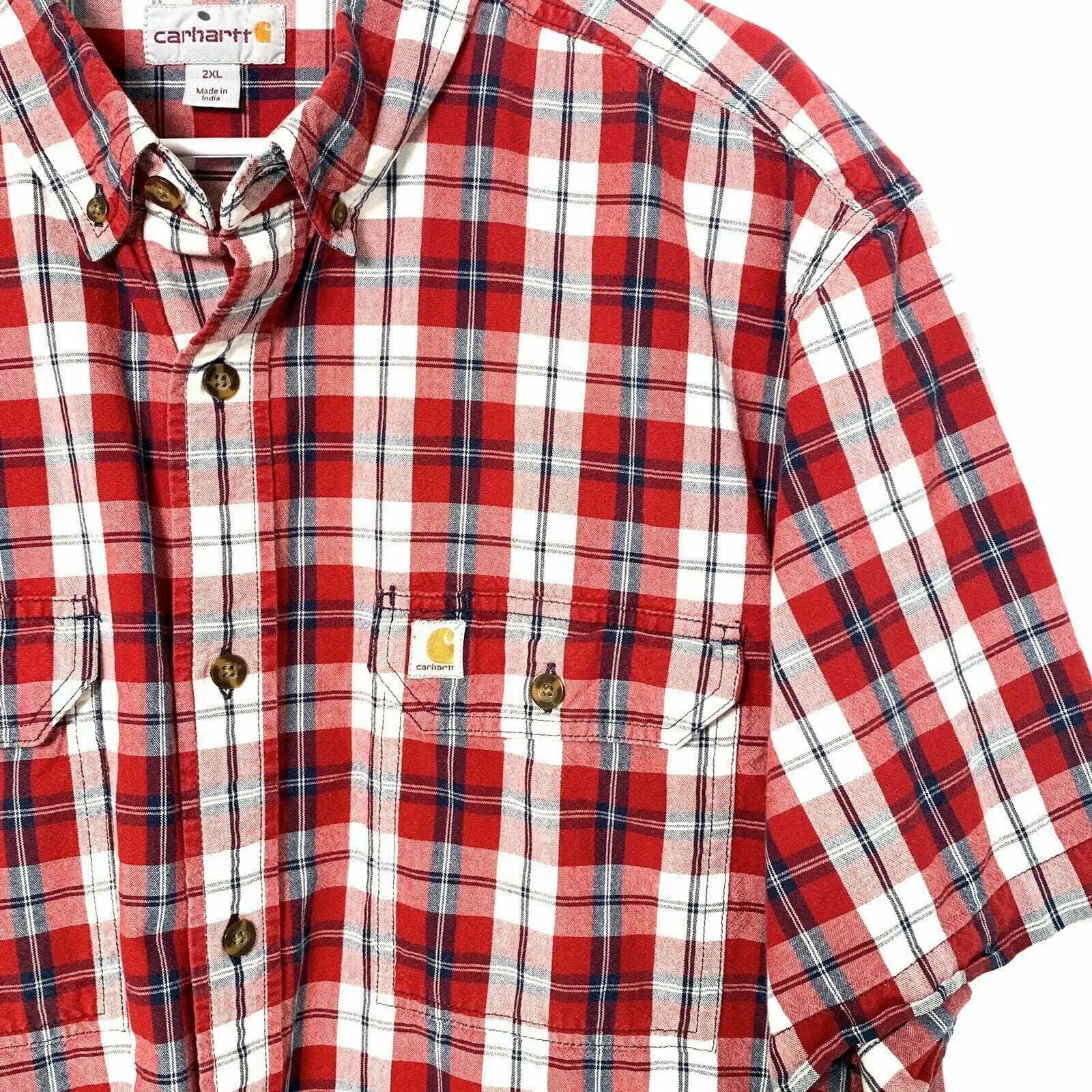 Carhartt Shirt Mens 2XL XXL Button Up Short Sleeve Plaid 90s Red White Relaxed