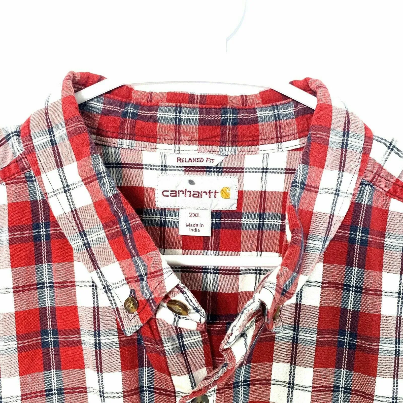 Carhartt Shirt Mens 2XL XXL Button Up Short Sleeve Plaid 90s Red White Relaxed