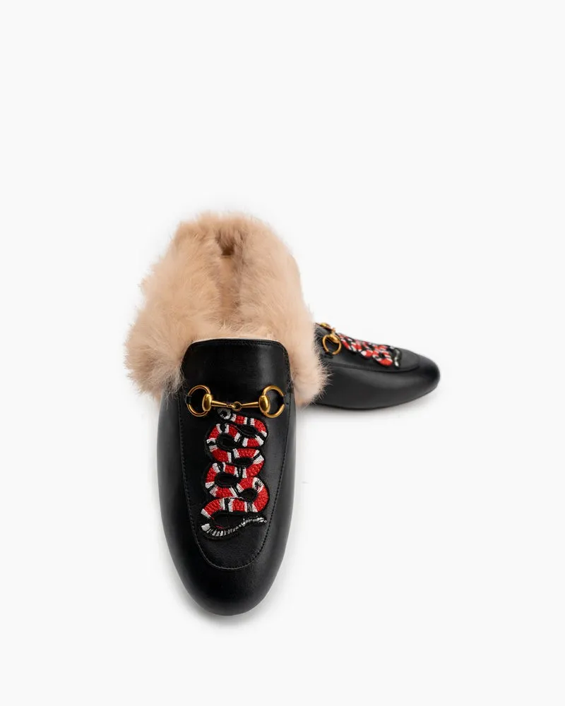 Casual Buckle Furry Embroidery Mules Slippers