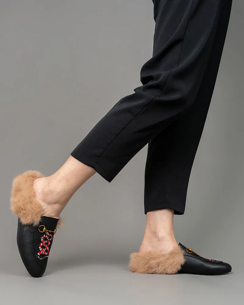 Casual Buckle Furry Embroidery Mules Slippers