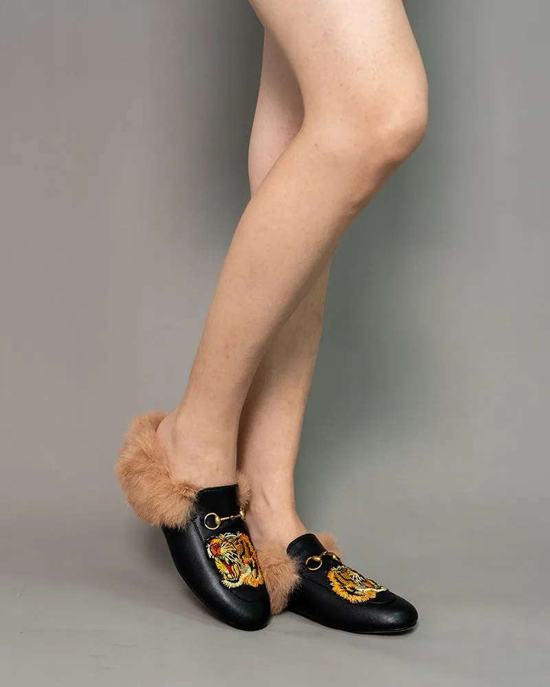 Casual Buckle Furry Embroidery Mules Slippers