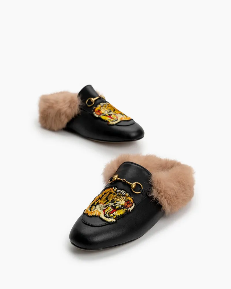 Casual Buckle Furry Embroidery Mules Slippers