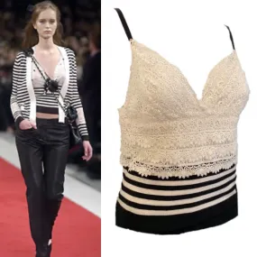 Chanel 05P, 2005 Spring Spaghetti Strap Camisole Lace Crochet Striped Top Blouse FR 38