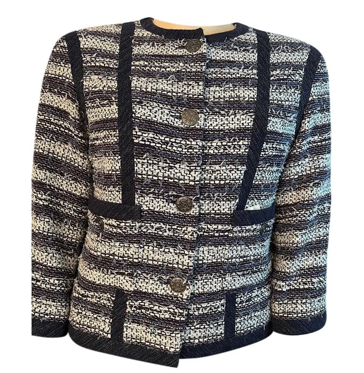 Chanel 2013 Blue White Striped Tweed Jacket US 10/12