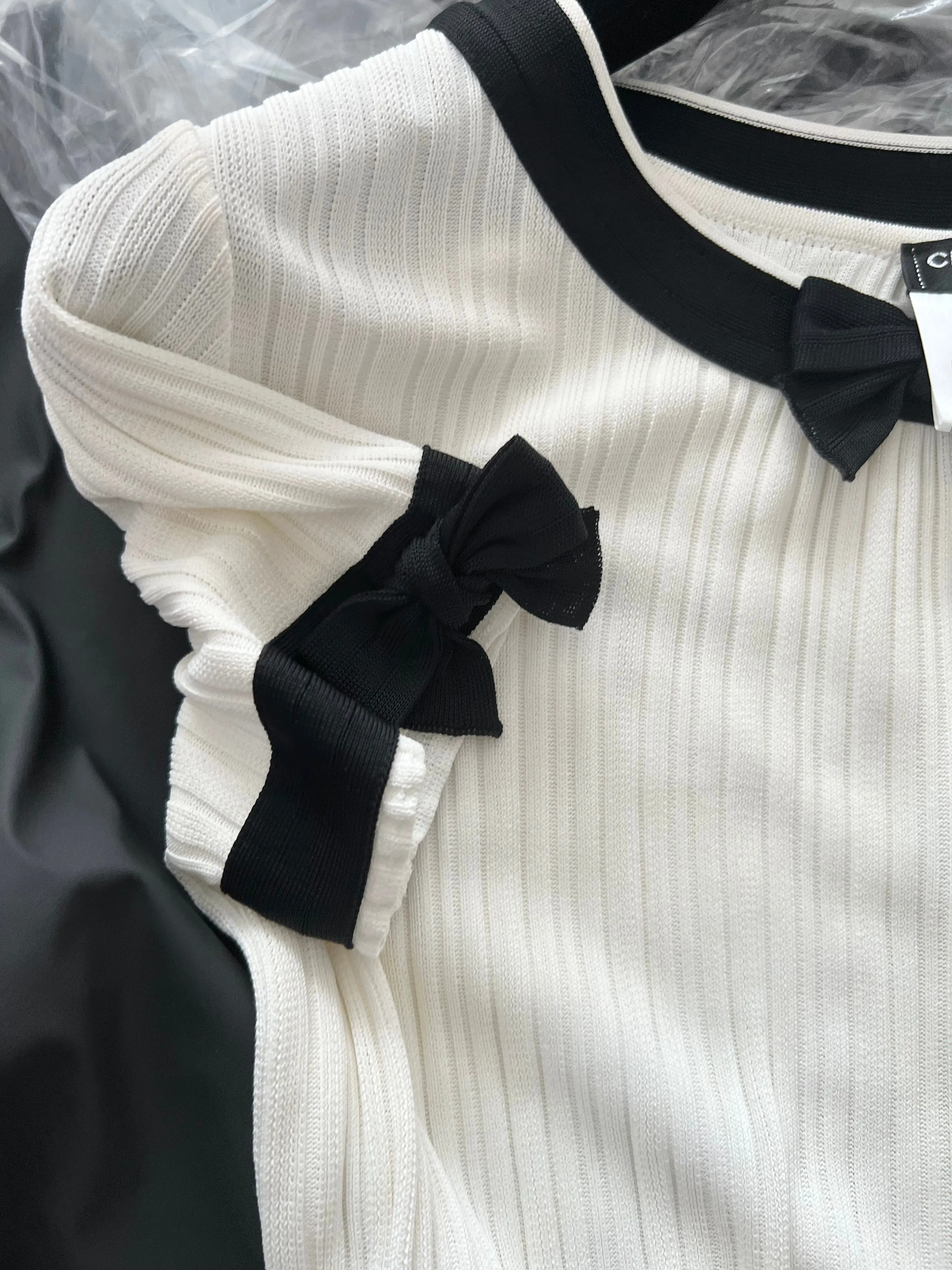 Chanel Rib Knit Pleated Bow Dress