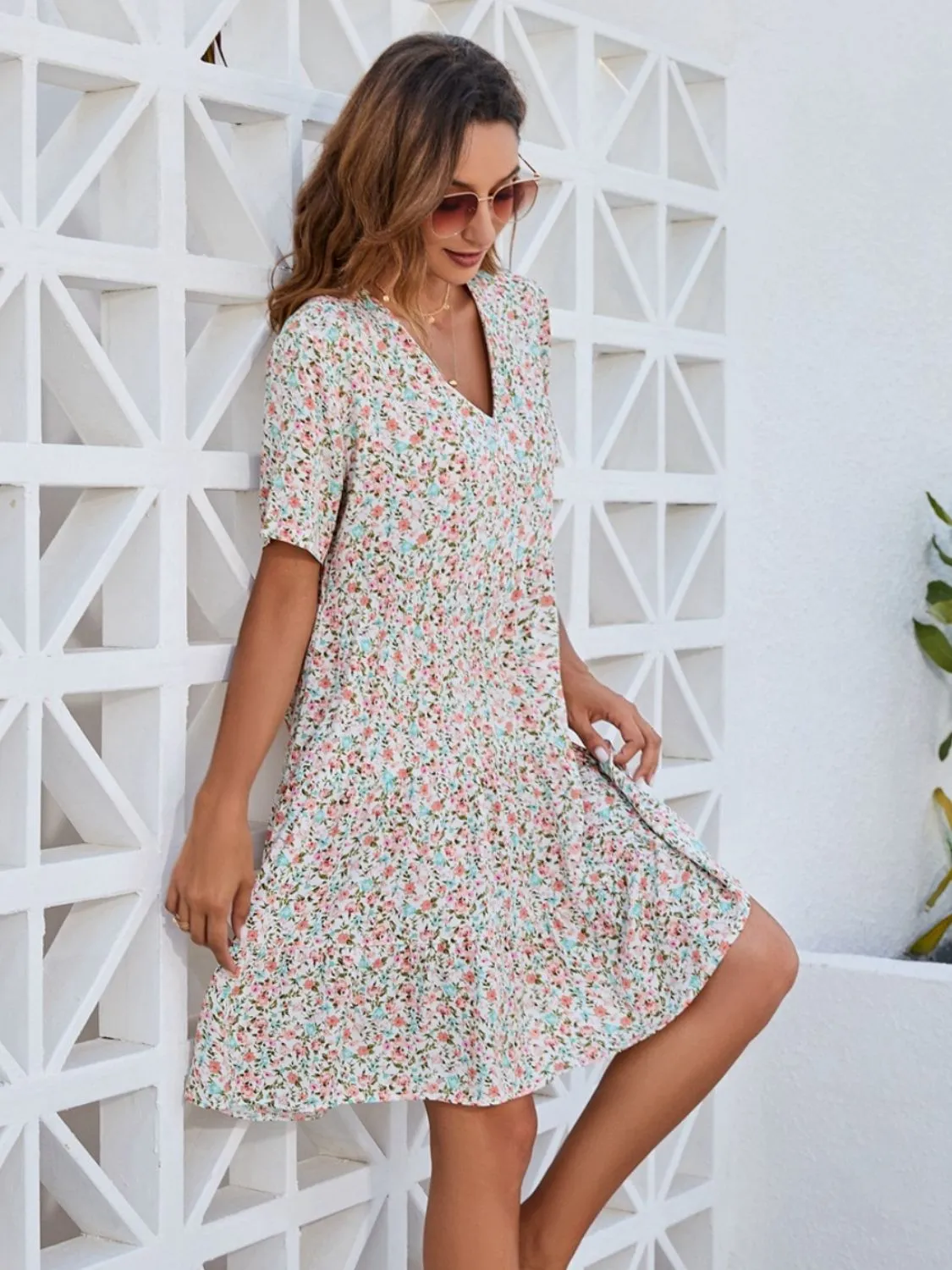 Chic Ditsy Floral V-Neck Mini Dress: Perfect for Summer Beach Weddings and Women Attendees!