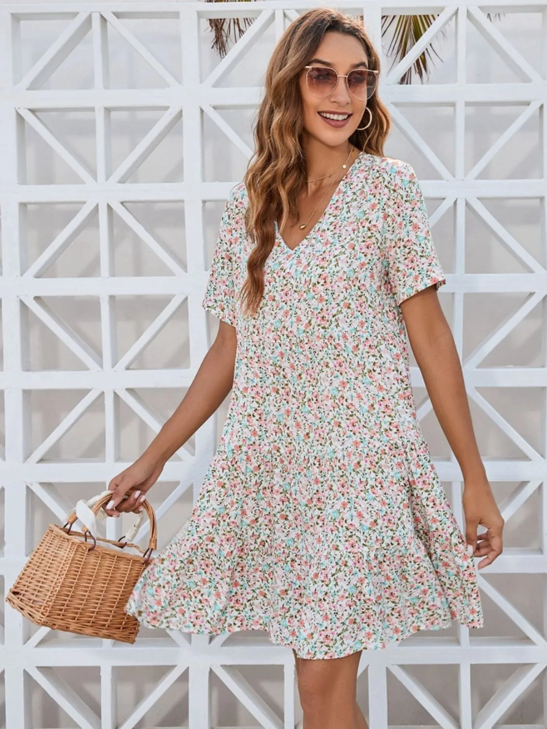 Chic Ditsy Floral V-Neck Mini Dress: Perfect for Summer Beach Weddings and Women Attendees!