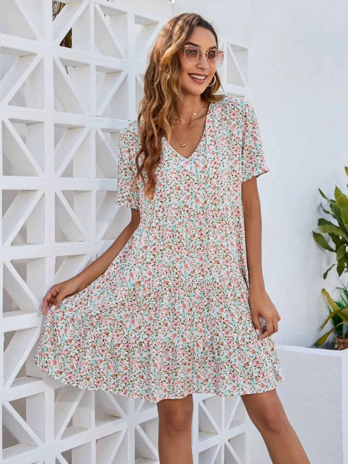 Chic Ditsy Floral V-Neck Mini Dress: Perfect for Summer Beach Weddings and Women Attendees!