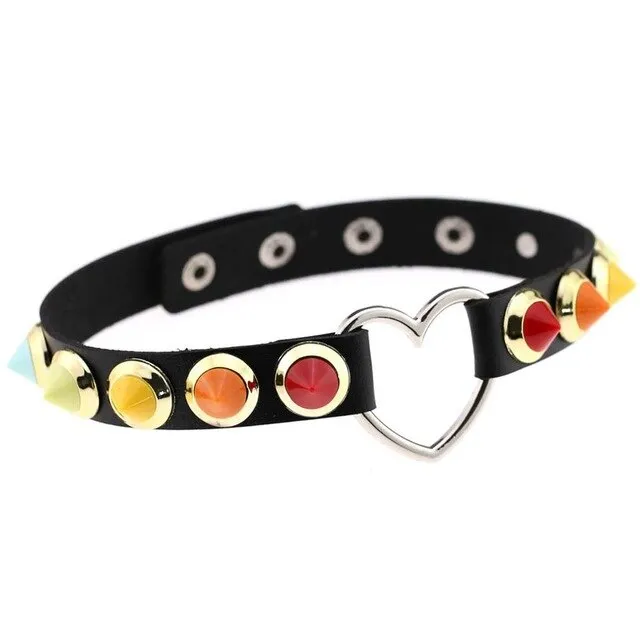 Chic Multicolor Spike Stud and Heart Pendant Choker Collar Leather Gothic Punk Rock Necklace