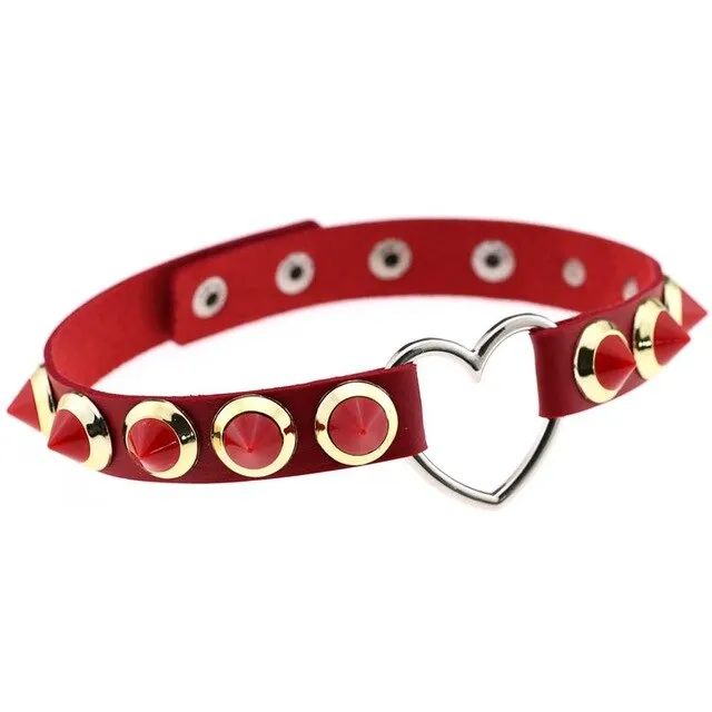 Chic Multicolor Spike Stud and Heart Pendant Choker Collar Leather Gothic Punk Rock Necklace