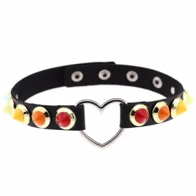 Chic Multicolor Spike Stud and Heart Pendant Choker Collar Leather Gothic Punk Rock Necklace