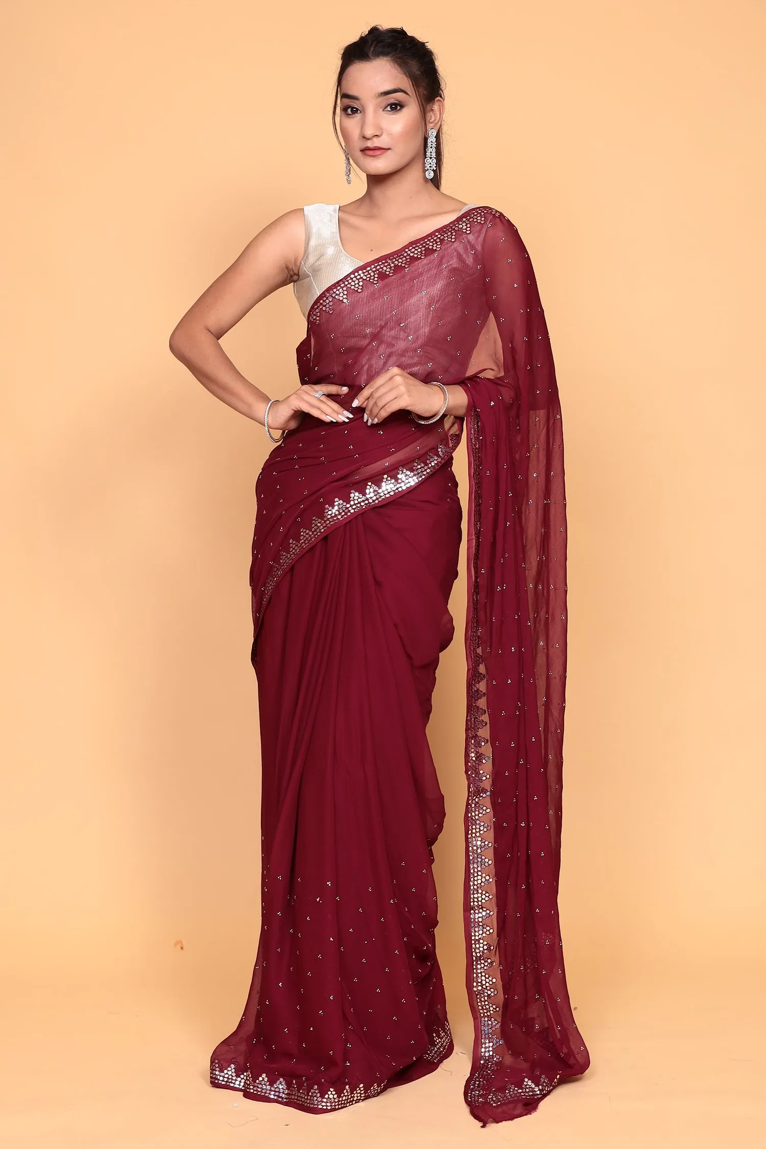 Chiffon Saree with Mirror, Swarovski work.