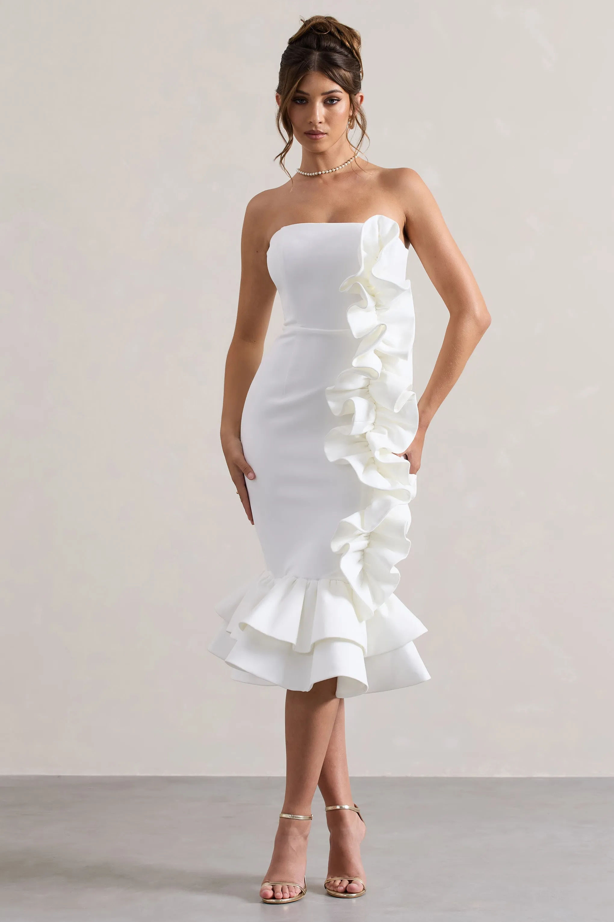 Concept | Cream Bandeau Ruffle Midi Dress