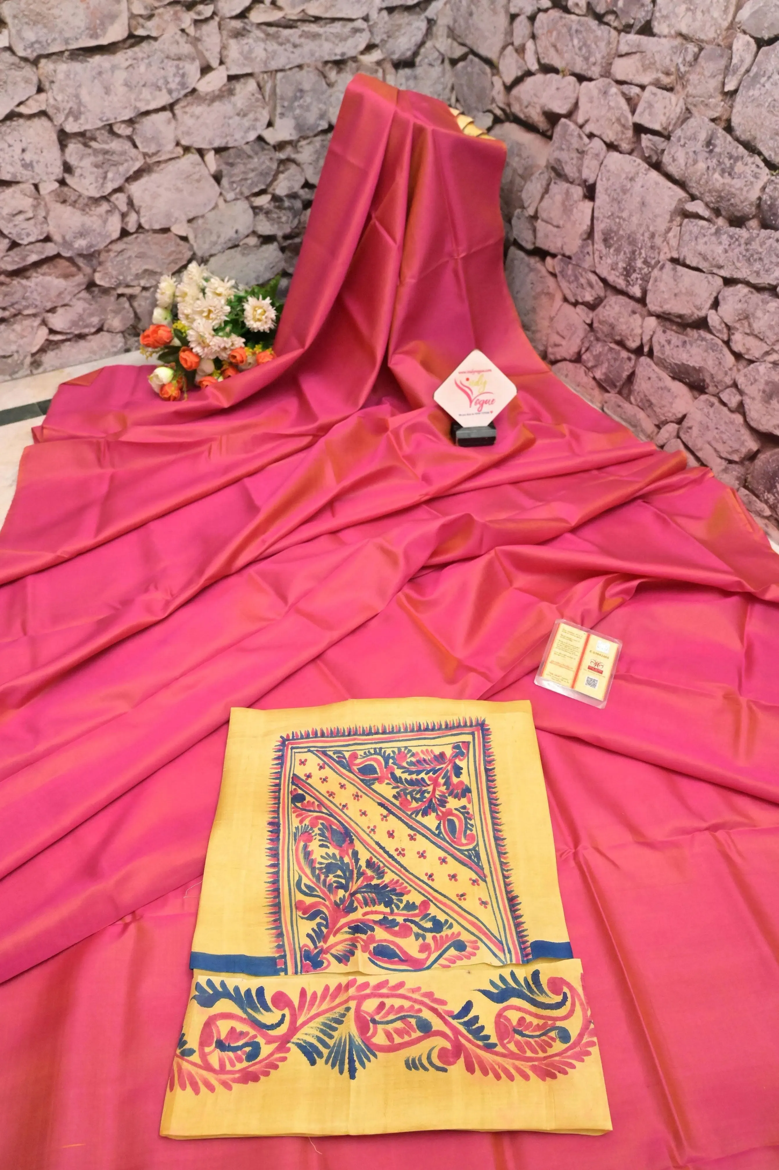 Coral Pink Color Pure Bishnupur Katan Silk Saree with Alpona Design Blouse Piece