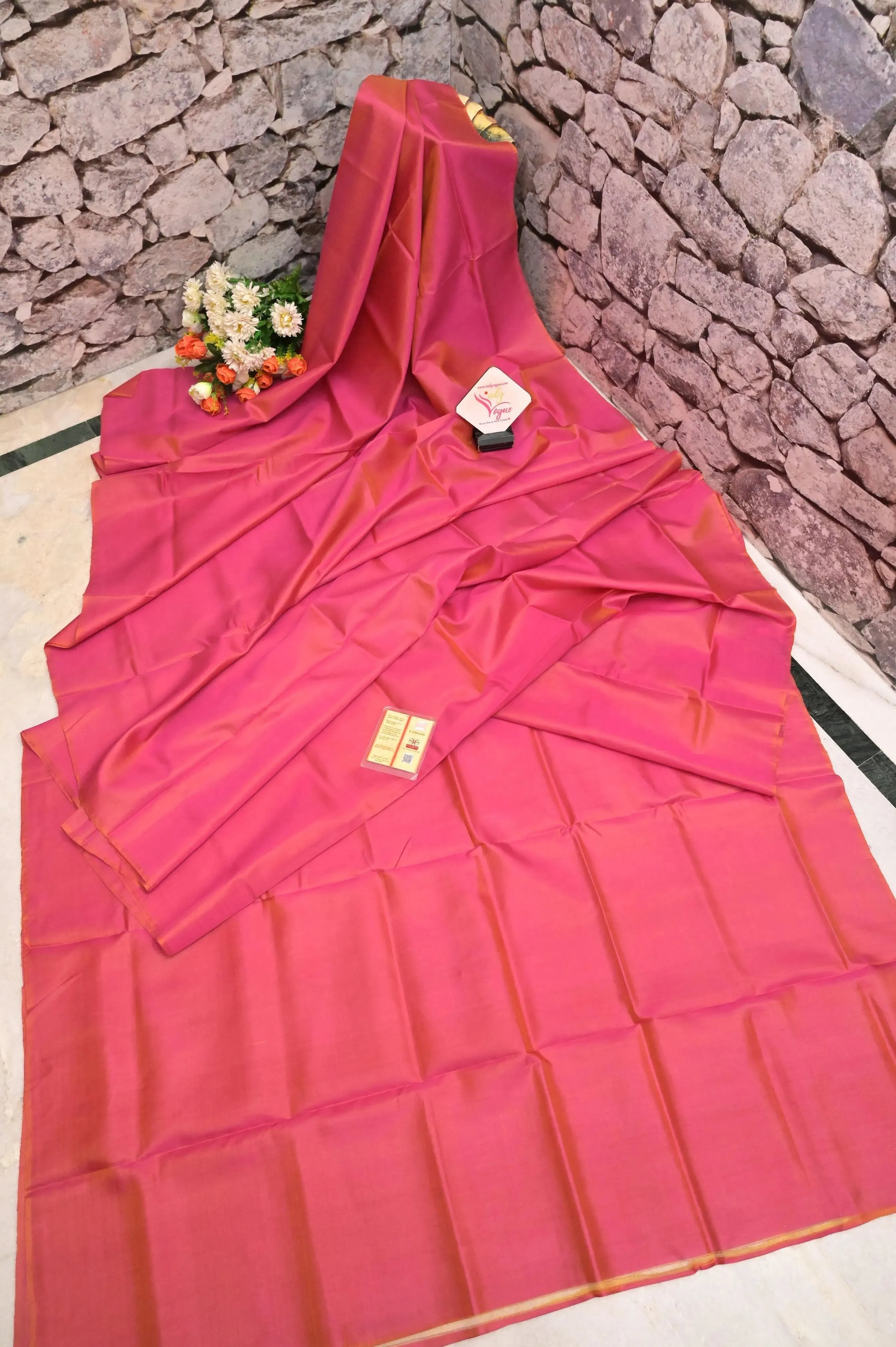 Coral Pink Color Pure Bishnupur Katan Silk Saree with Alpona Design Blouse Piece