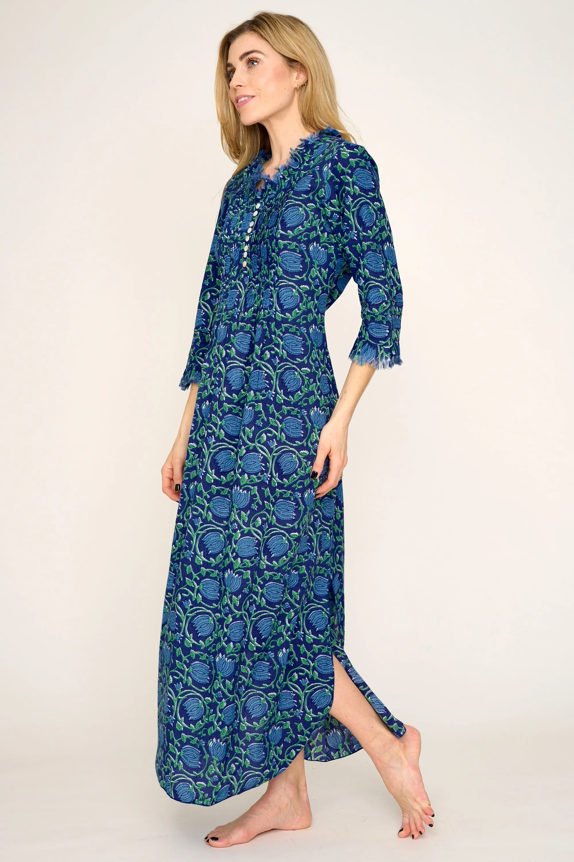 Cotton Annabel Maxi Dress in Royal Blue with Blue & Green Flower