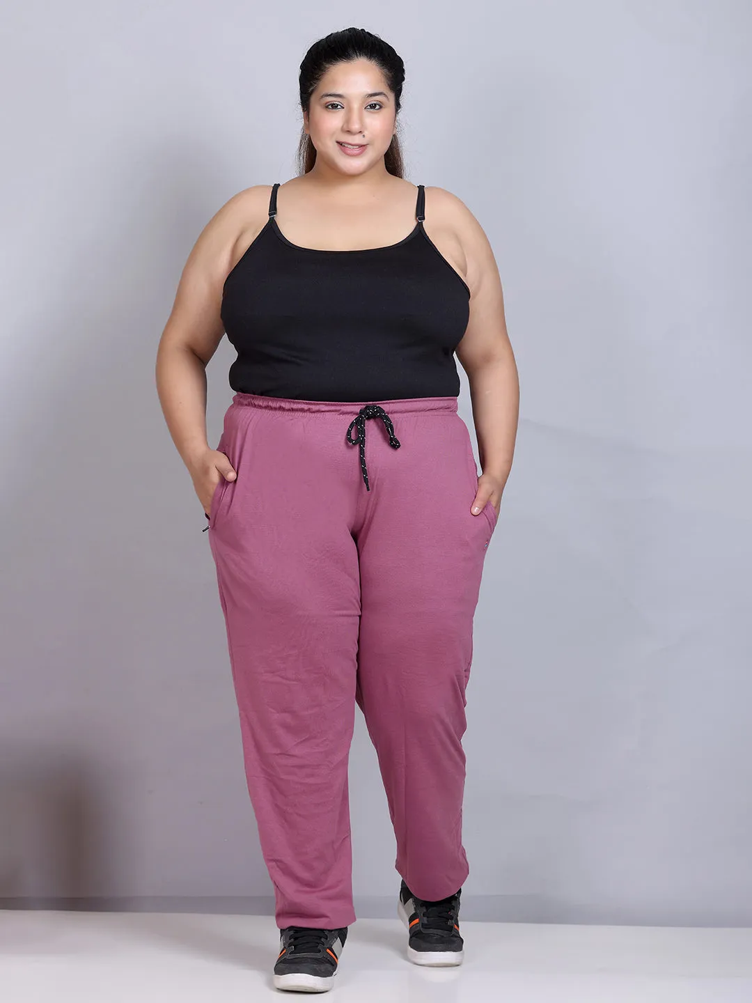 Cotton Track Pants For Women With One Side Zip Pocket- Mauve