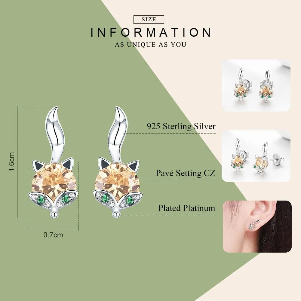 Cute Citrine Crystal Fox Stud Earrings - 925 Sterling Silver