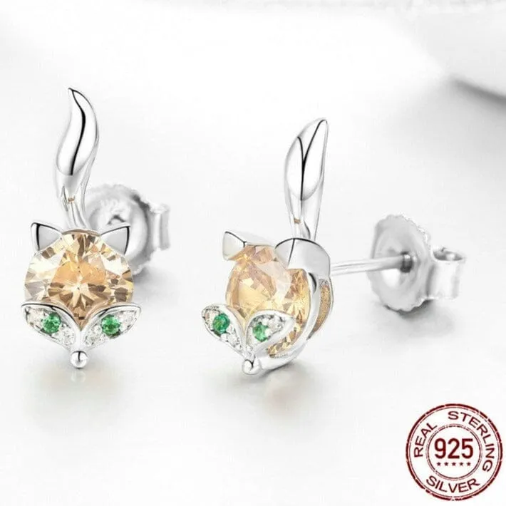 Cute Citrine Crystal Fox Stud Earrings - 925 Sterling Silver