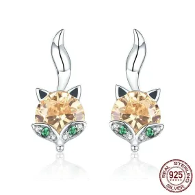 Cute Citrine Crystal Fox Stud Earrings - 925 Sterling Silver