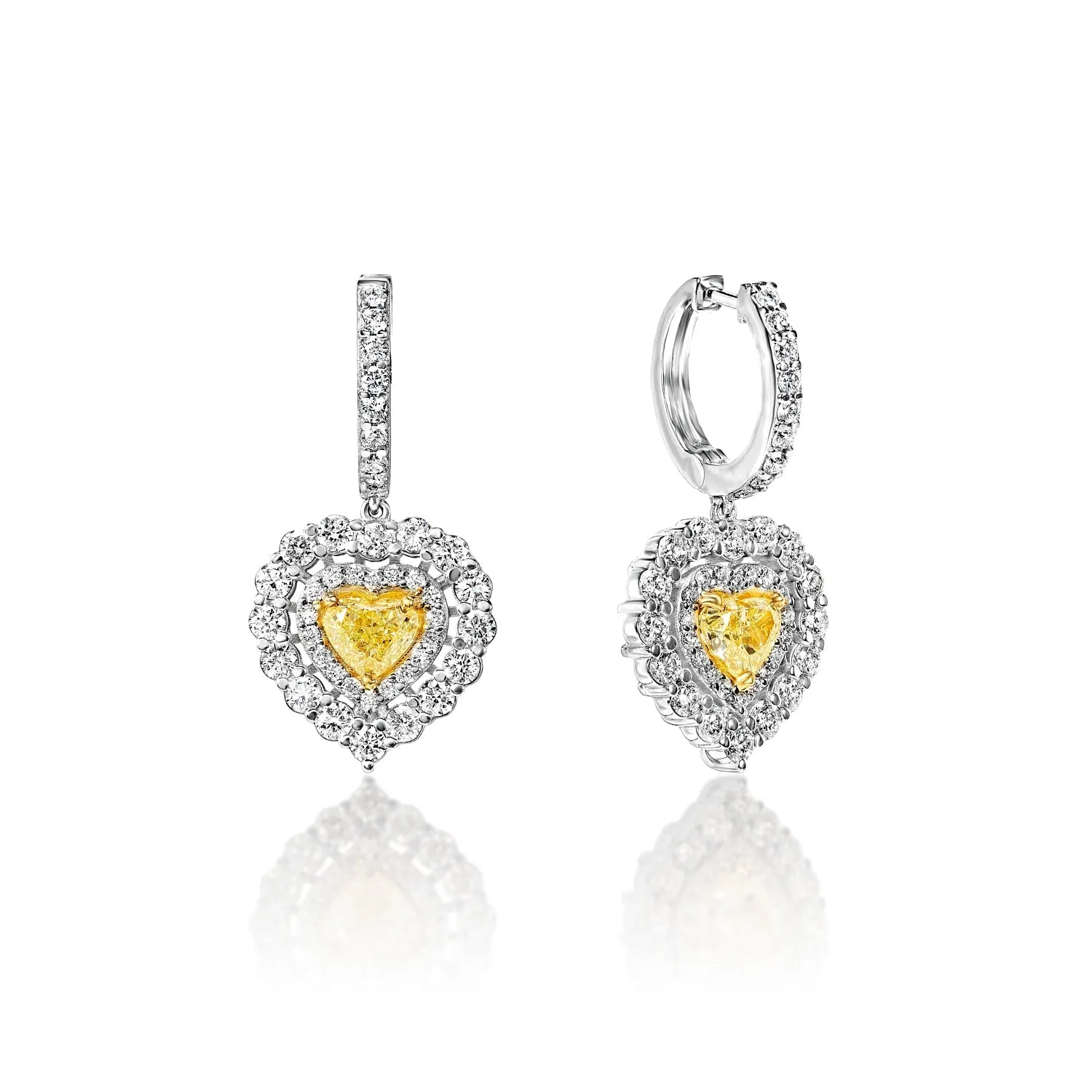 Danielle 3 Carat Yellow Combine Mix Shape Heart Diamond Hanging Earrings in 14k White Gold