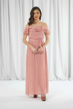 Double Second Pink Double Frill Off Shoulder Wrap Maxi Dress