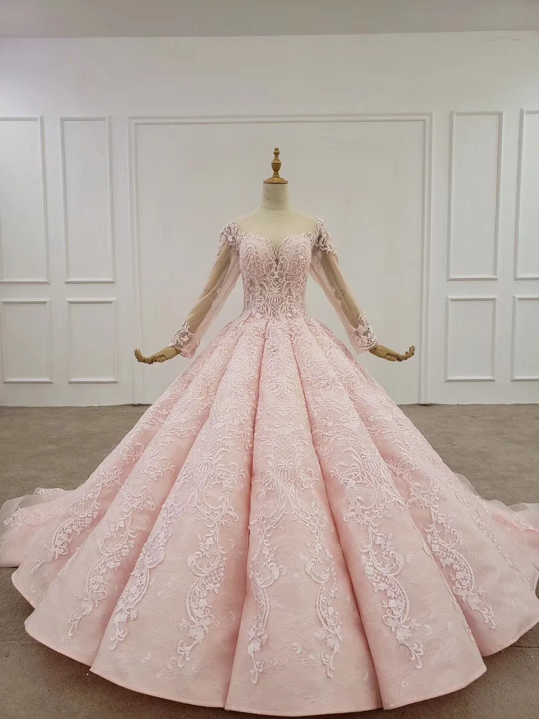 Elegant Ball Gown Pink Long Sleeves Appliques Prom Dresses, Quinceanera STK20482