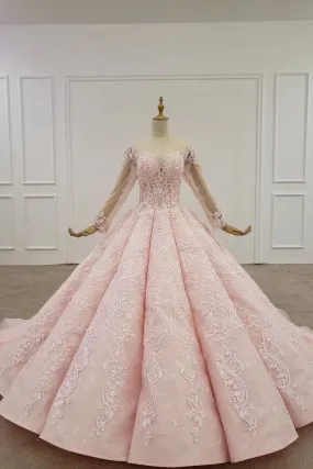 Elegant Ball Gown Pink Long Sleeves Appliques Prom Dresses, Quinceanera STK20482