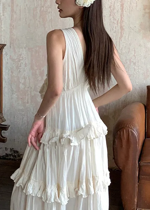 Elegant Beige V Neck Ruffled Solid Cotton Long Dresses Summer ZL011