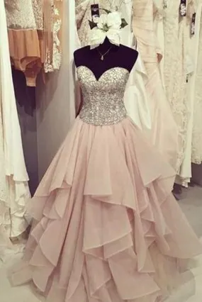 Elegant chiffon tiered A-line sweetheart sequins long Prom dress cute graduation dresses