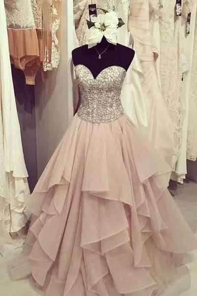 Elegant chiffon tiered A-line sweetheart sequins long Prom dress cute graduation dresses