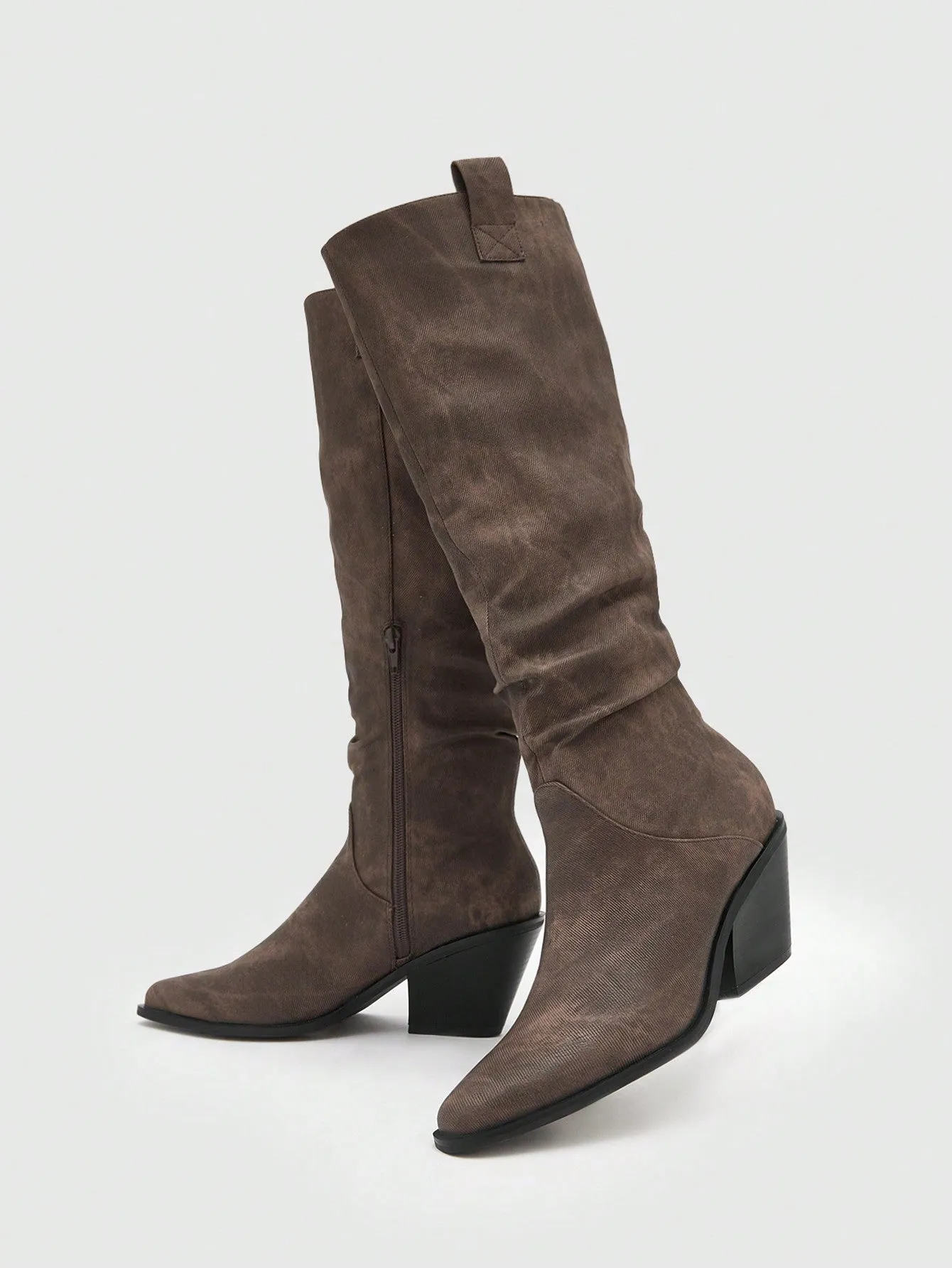 Elegant Western Boots For Women, Ruched Detail Chunky Heeled Fashion Boots