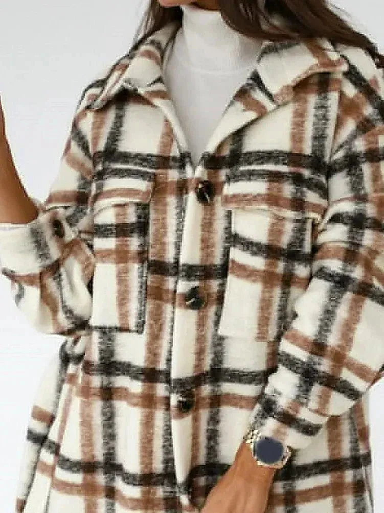 Elegant Women's Plaid Shacket Jacket Trench Coat for Fall and Winter