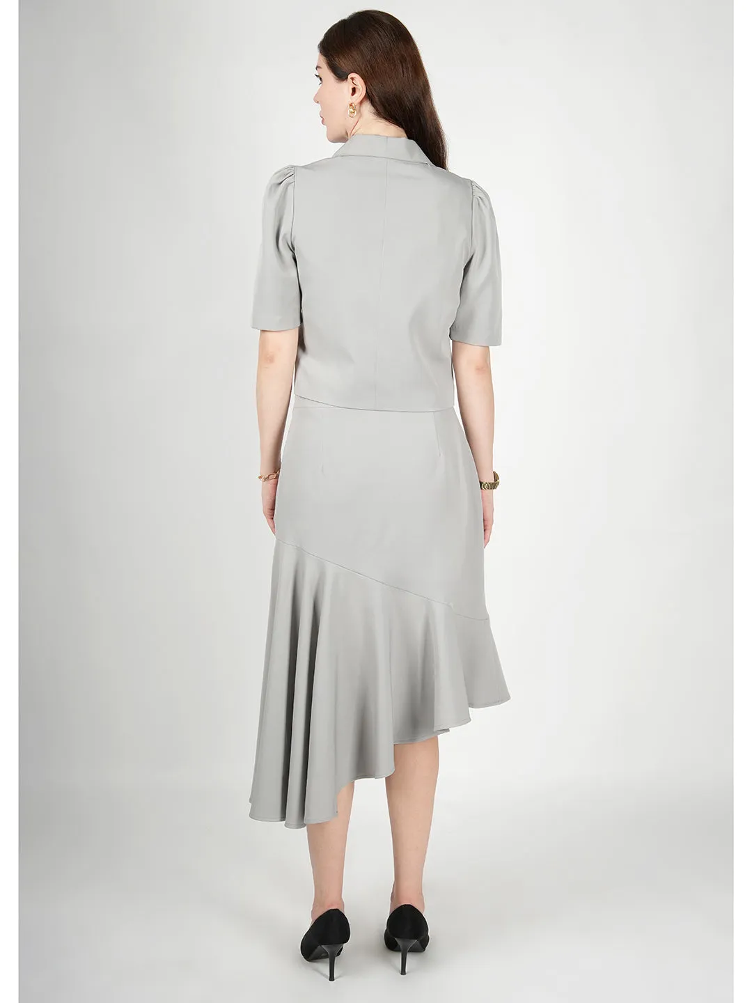 Exude Sunbeam Blazer Top with A-Symmetrical Skirt (Grey)