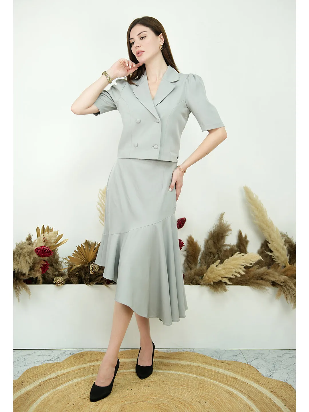 Exude Sunbeam Blazer Top with A-Symmetrical Skirt (Grey)