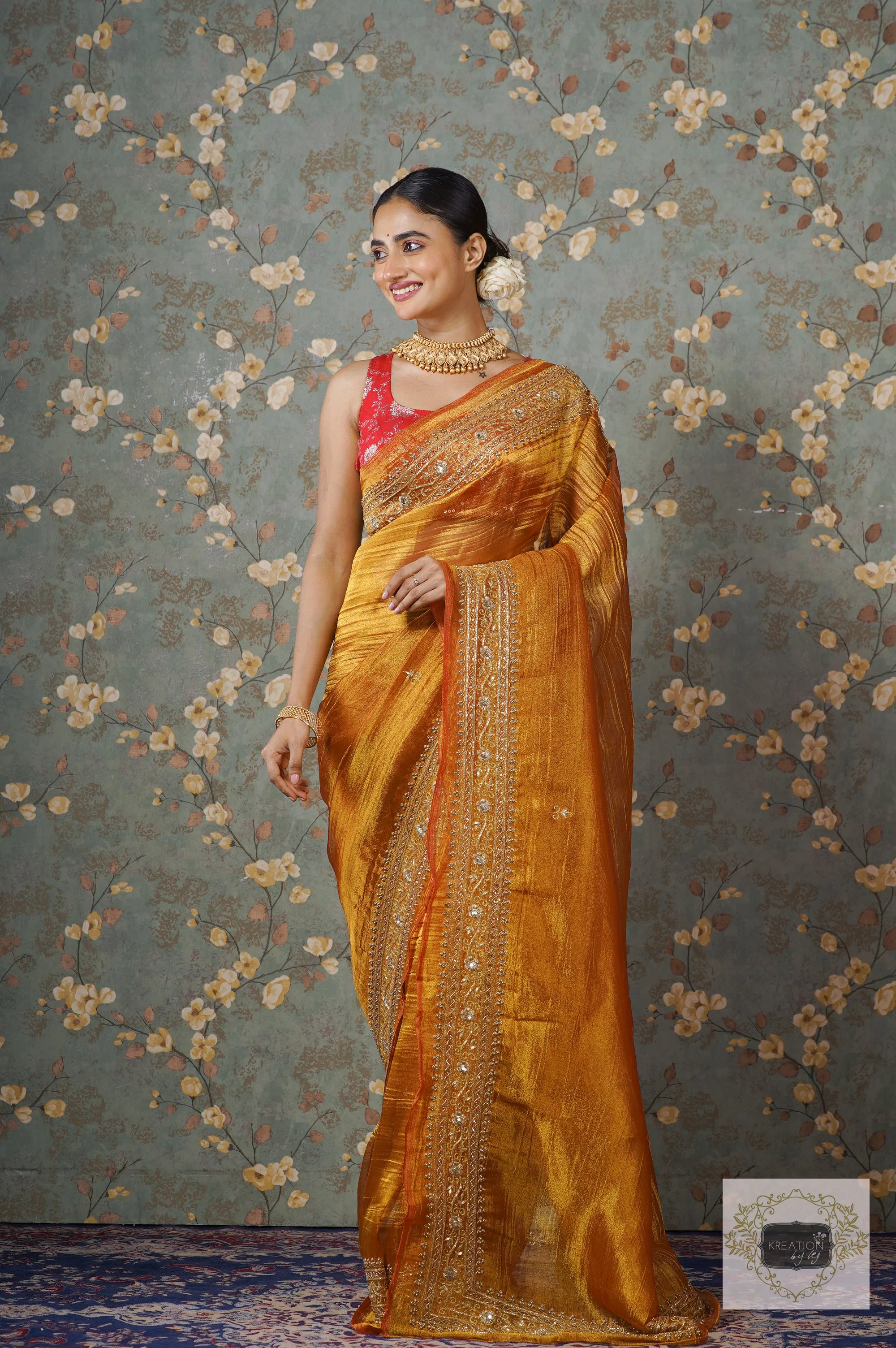 Fiery Gold Zari Tissue Zarina Saree