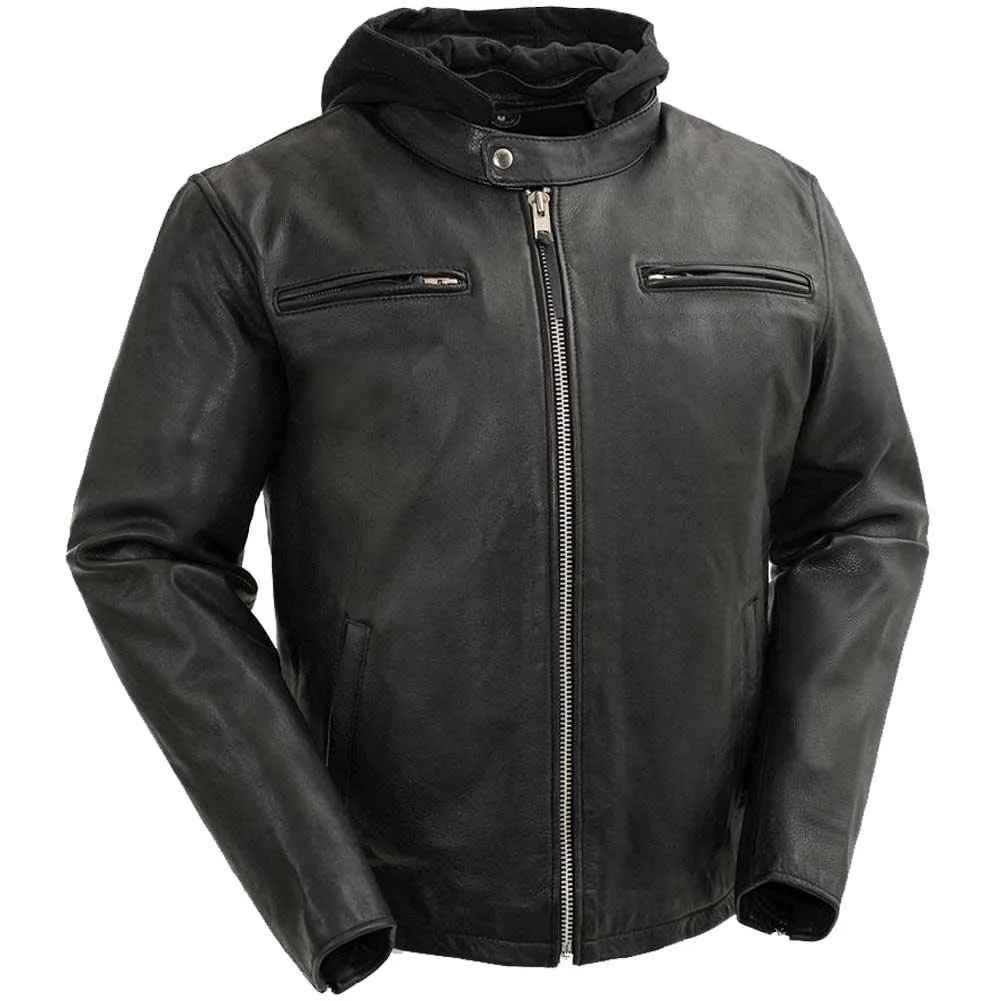 First Mfg Mens Street Cruiser Hooded Leather Motorcycle Jacket